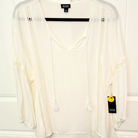 A.n.a. Womens Large Ivory Sheer V-Neck Tassel 3/4 Sleeve Peasant Blouse NWT $44 - Picture 1 of 11